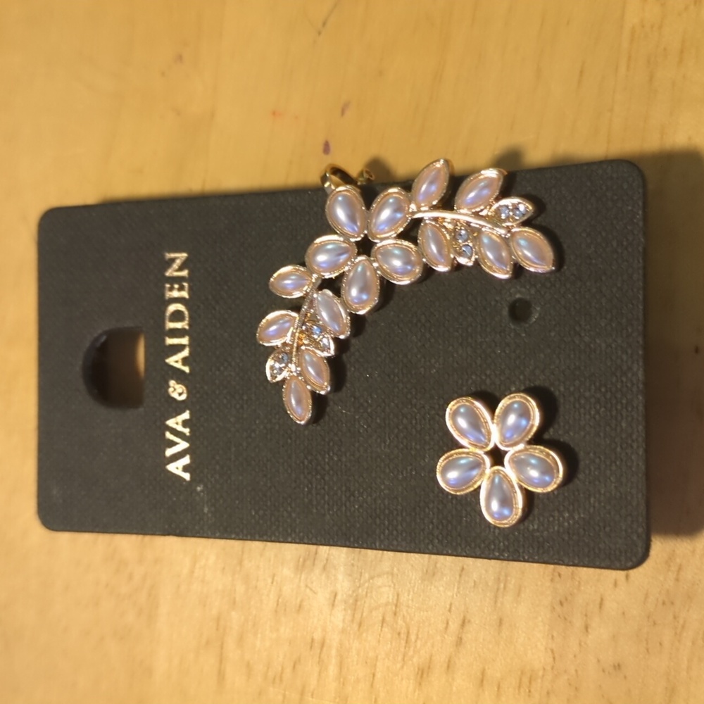 Ava & Aiden Pearl, Gold-Tone & Rhinestone Pierced Earring and Ear Cuff Set